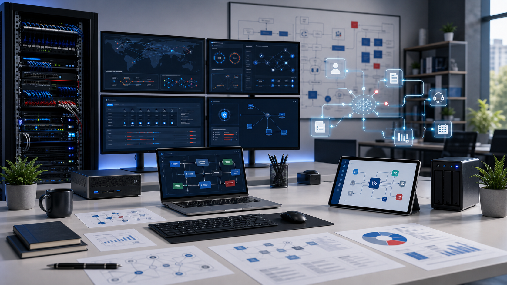 Cyclone Software workspace showing IT operations dashboards, AI workflows, and custom application planning