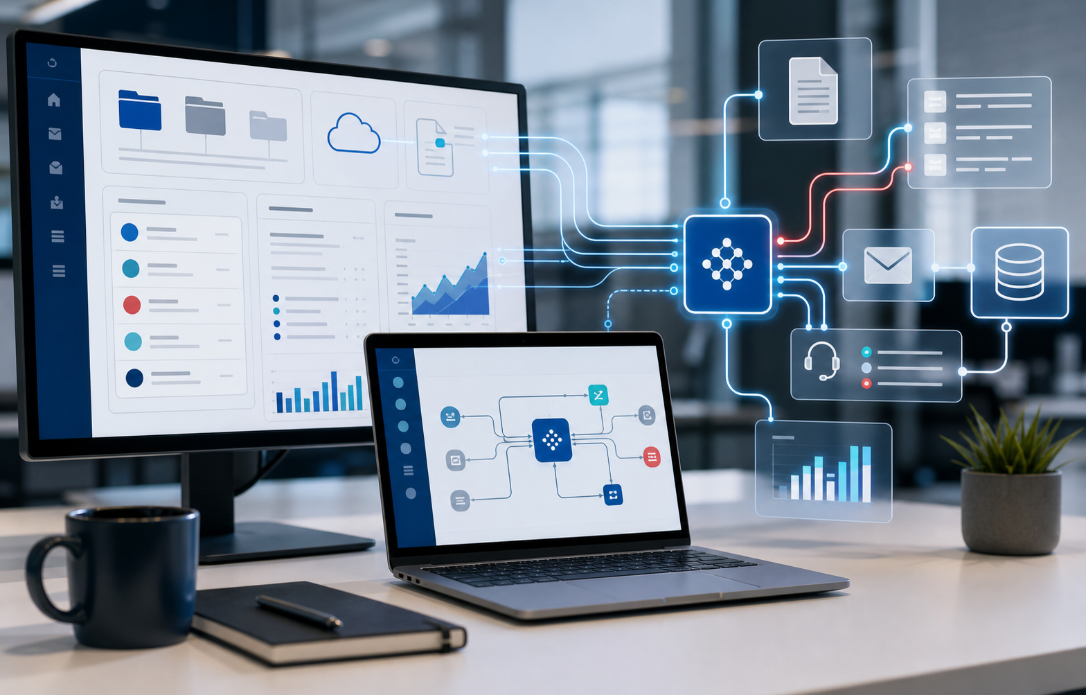 AI implementation workstation connecting documents, systems, and business data