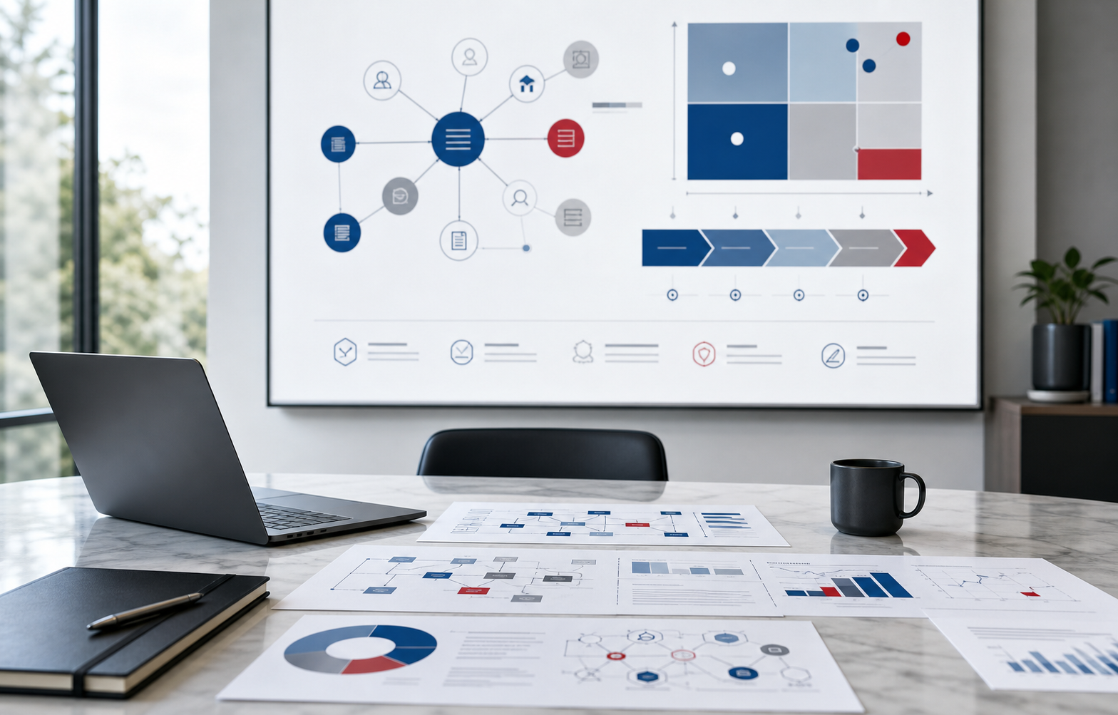 AI strategy planning table with roadmap and workflow diagrams
