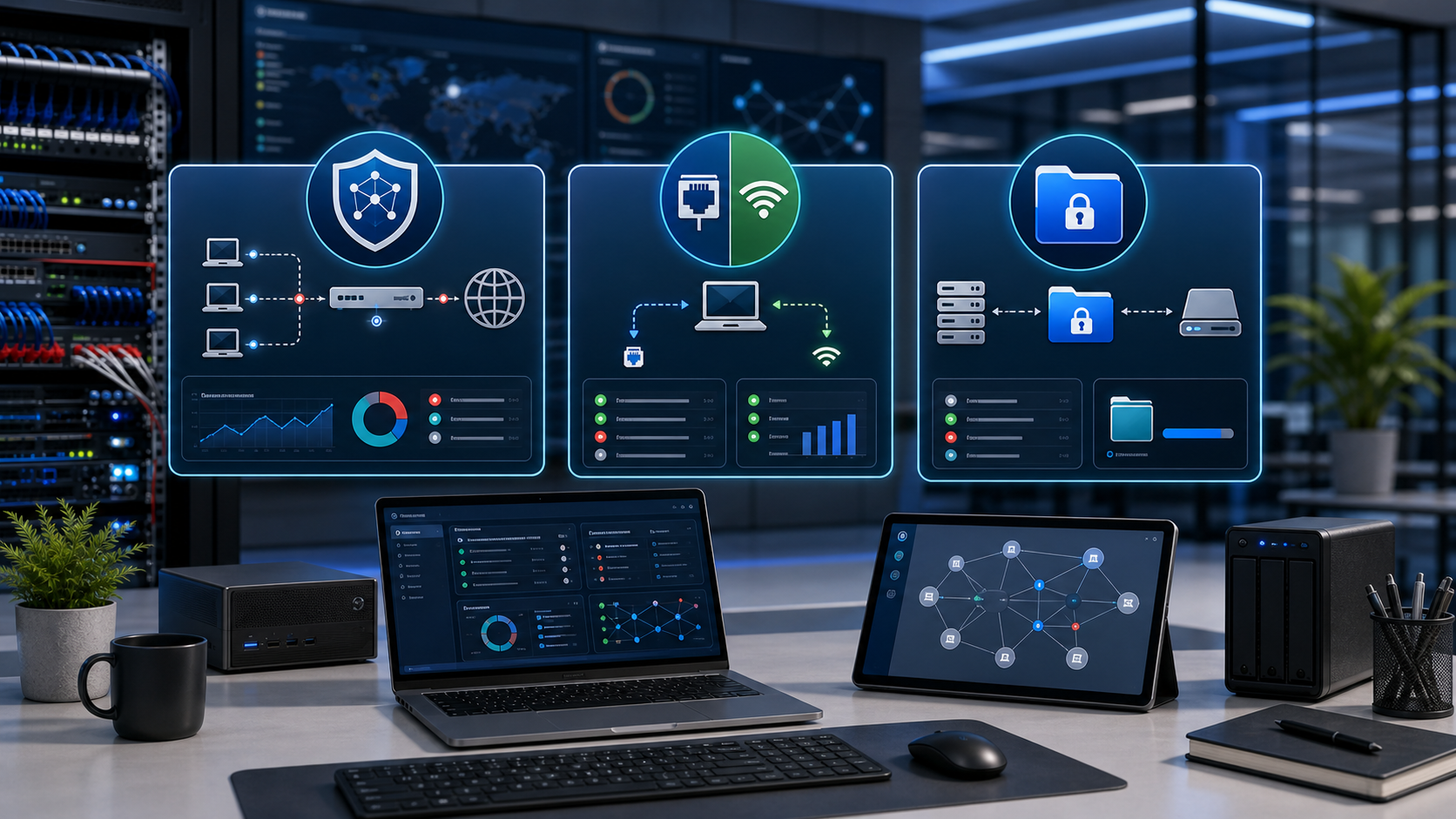 Application portfolio showing reverse proxy management, endpoint network control, and secure drive mounting workflows