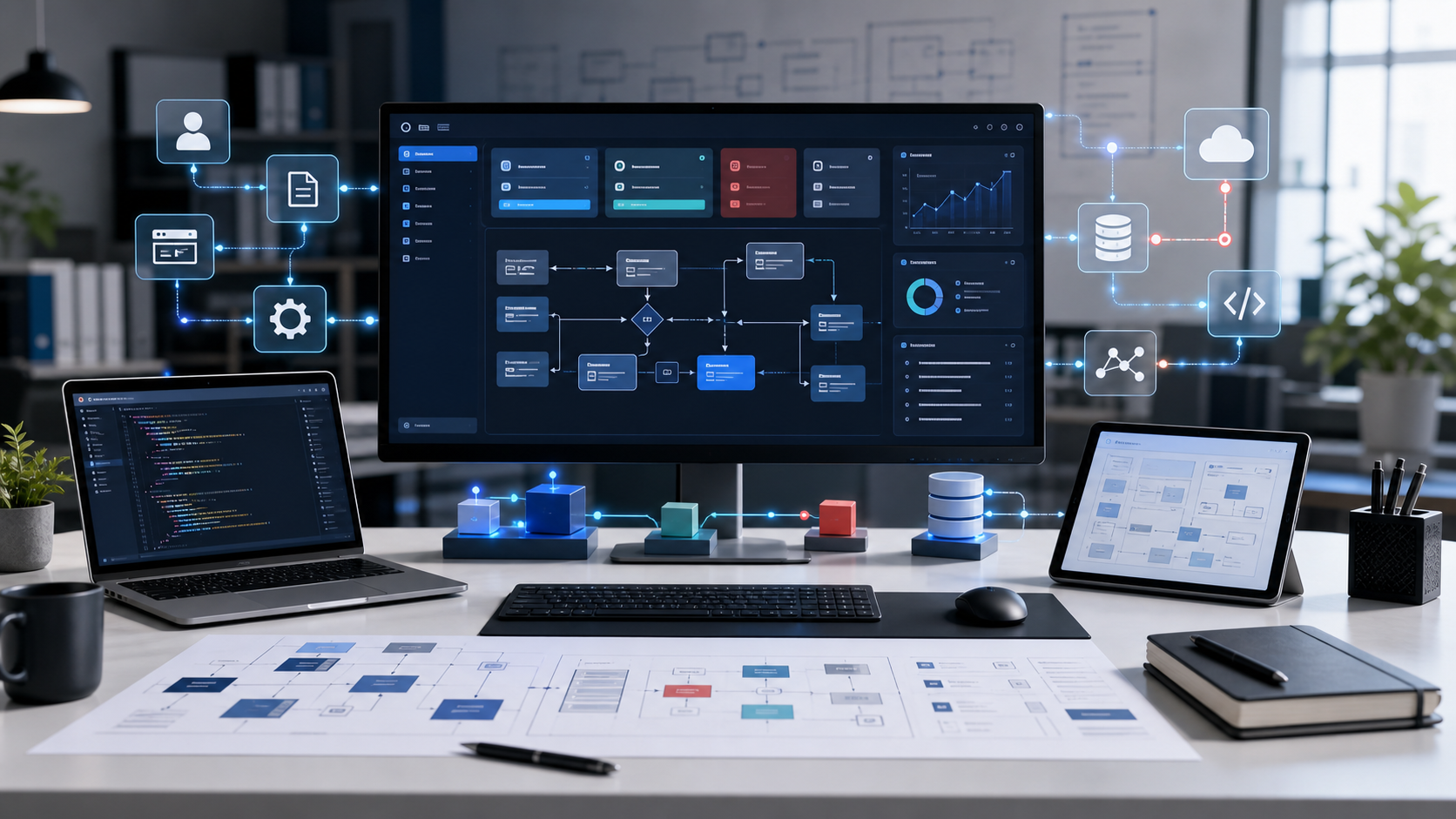 Custom software development workstation showing application architecture and integration workflows