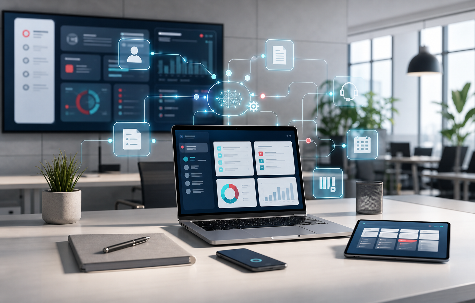 Small business office workstation with connected AI workflow visualization