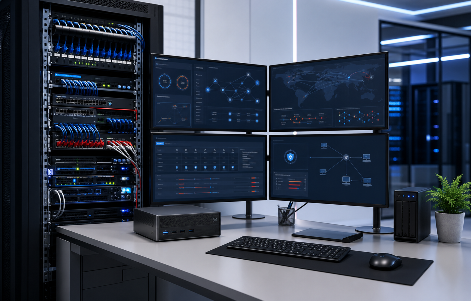 Network operations workstation with server rack and monitoring dashboards